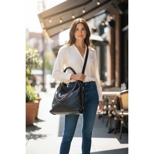 Charming Charlie Hobo Slouch Vegan Leather Bag Grey Handles And Chain Strap